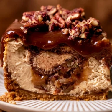 Delicious pecan pie cheesecake topped with whipped cream