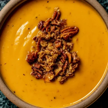 Bowl of Apple Cheddar Sweet Potato Soup garnished with herbs