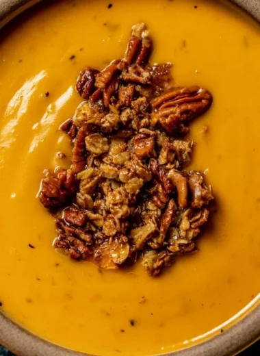 Bowl of Apple Cheddar Sweet Potato Soup garnished with herbs