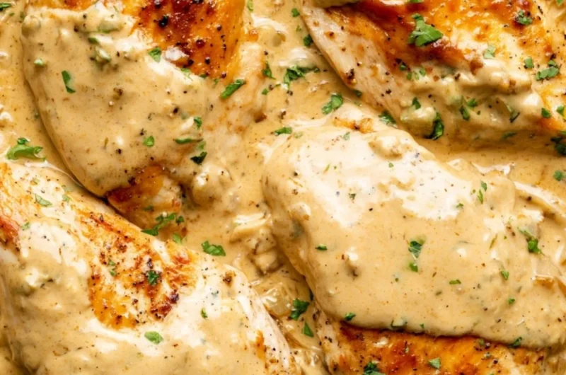 Boursin Chicken dish with creamy sauce and herbs on a plate