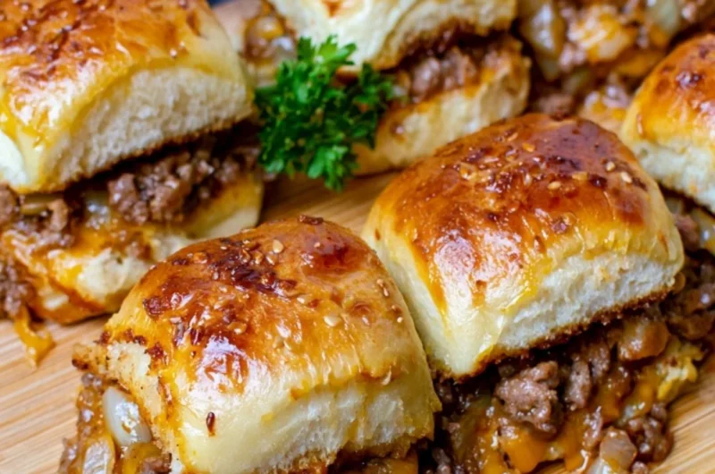 Cheeseburger sliders with Hawaiian rolls on a serving platter