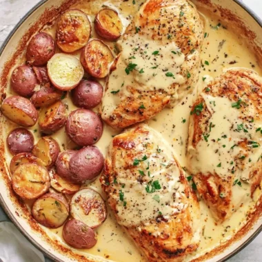 Delicious chicken and potatoes topped with creamy Dijon sauce