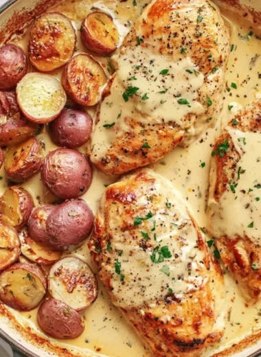Delicious chicken and potatoes topped with creamy Dijon sauce