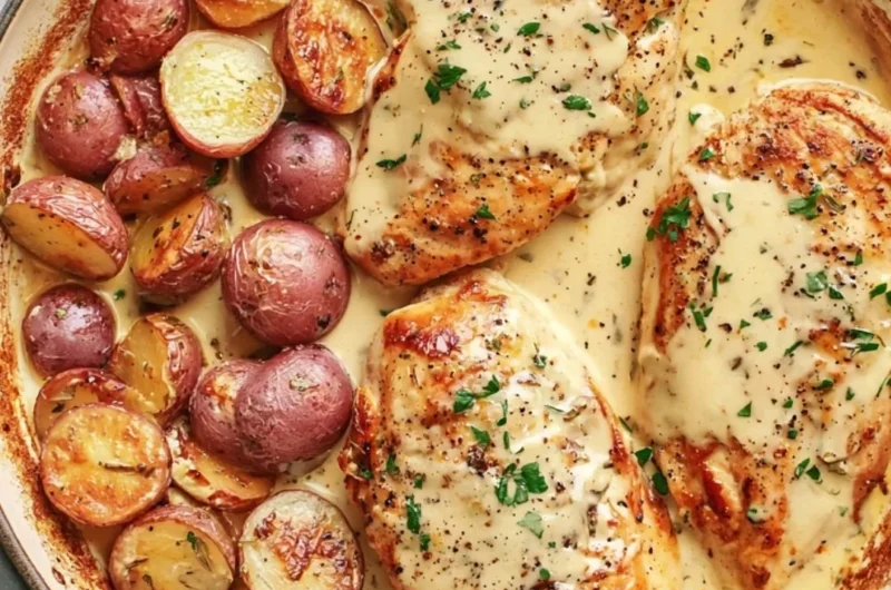 Delicious chicken and potatoes topped with creamy Dijon sauce