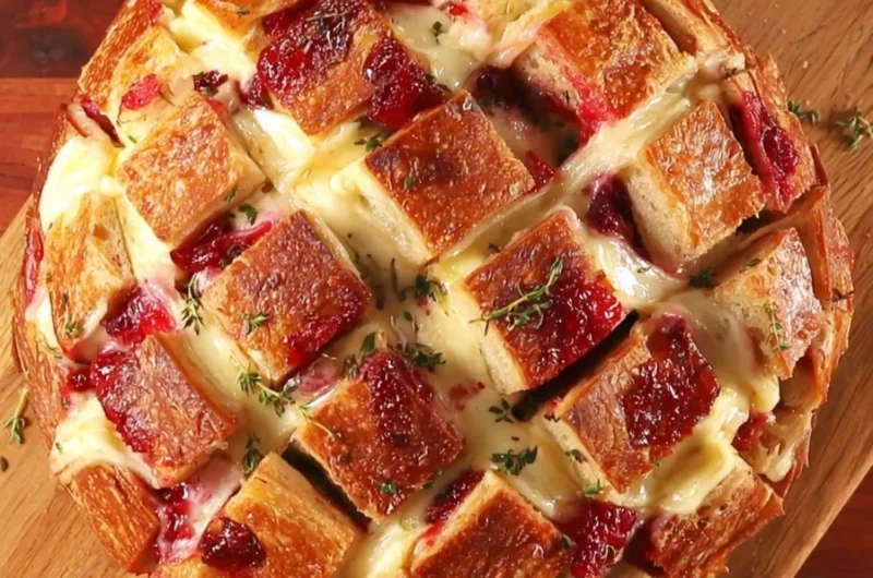 Cranberry Brie Pull-Apart Bread with golden crust and melted cheese