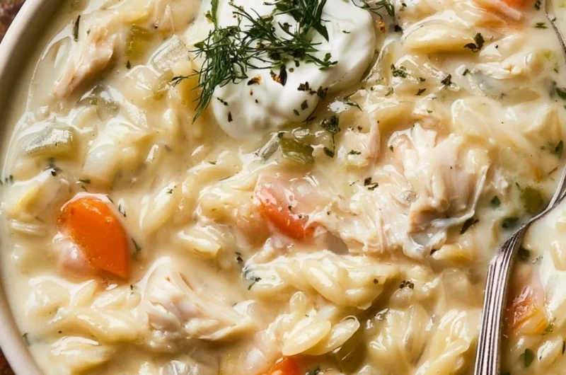 Creamy chicken orzo soup in a bowl, garnished with herbs and served with bread