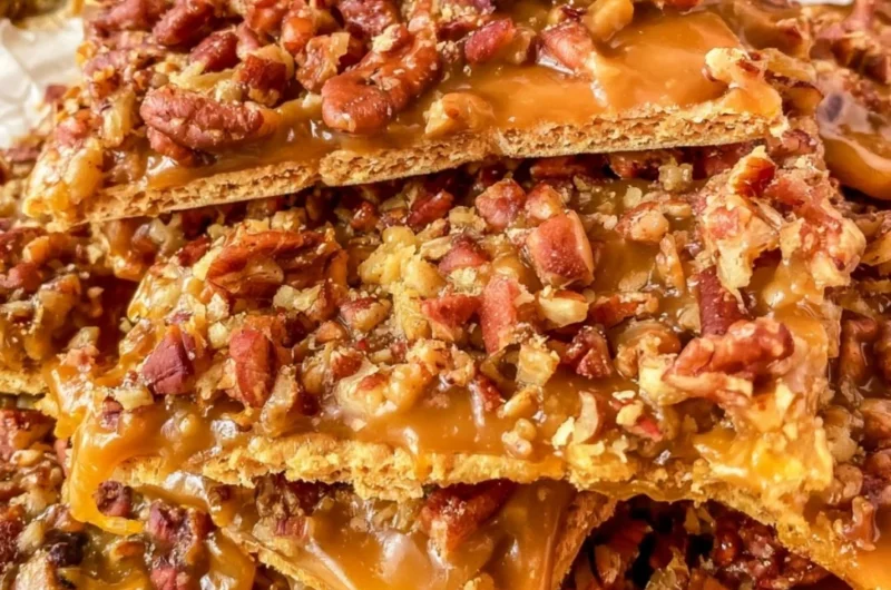 Homemade easy pecan cracker toffee on a wooden board