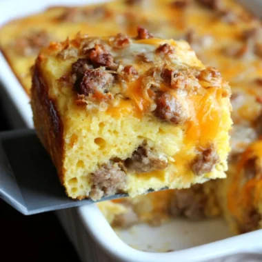 Sausage cornbread casserole fresh out of the oven, ready to serve.