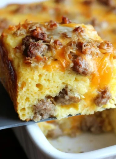 Sausage cornbread casserole fresh out of the oven, ready to serve.
