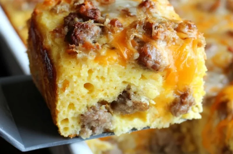 Sausage cornbread casserole fresh out of the oven, ready to serve.