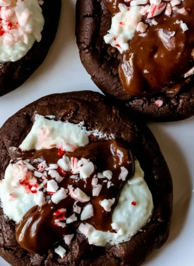 Hot Cocoa Cookies fresh from the oven, topped with marshmallows and chocolate.