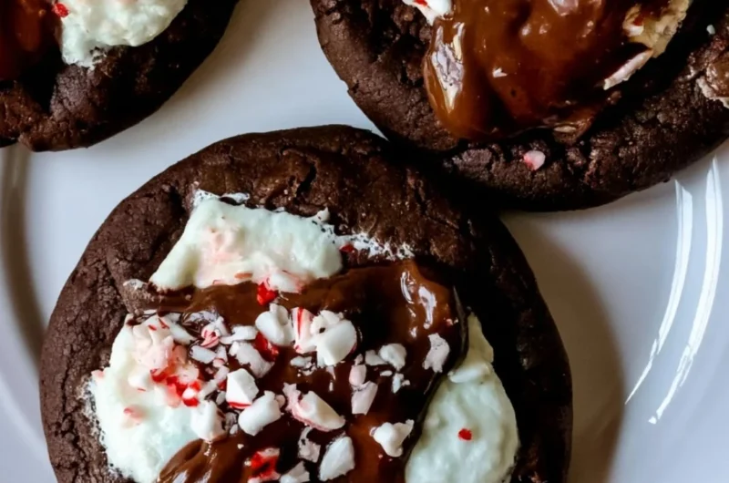 Hot Cocoa Cookies fresh from the oven, topped with marshmallows and chocolate.