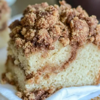 Delicious homemade cinnamon coffee cake served on a plate with coffee.