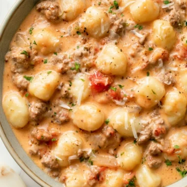 One Pan Ground Beef Gnocchi served in a skillet, topped with fresh herbs.