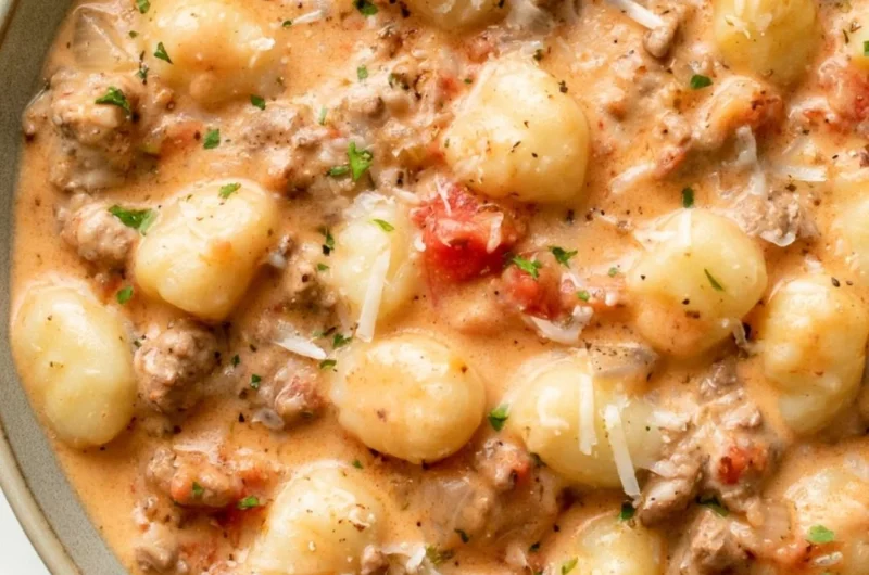 One Pan Ground Beef Gnocchi served in a skillet, topped with fresh herbs.