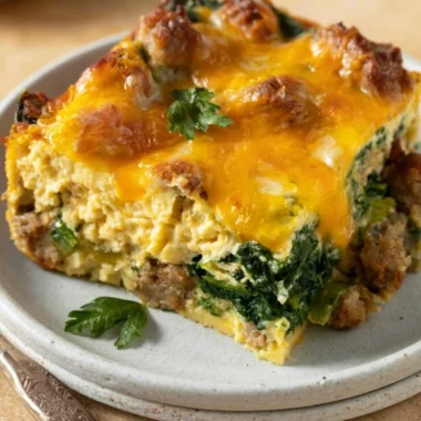 Sausage and egg Keto breakfast casserole with spinach and cream cheese