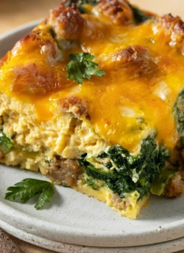 Sausage and egg Keto breakfast casserole with spinach and cream cheese