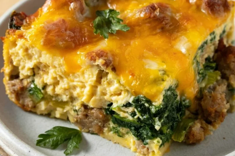 Sausage and egg Keto breakfast casserole with spinach and cream cheese