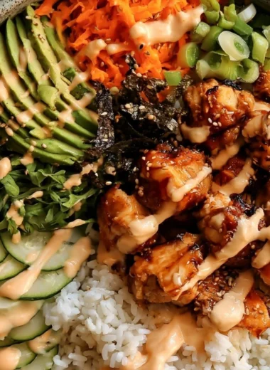 Sticky Honey Ginger Chicken Bowl with vibrant vegetables and rice