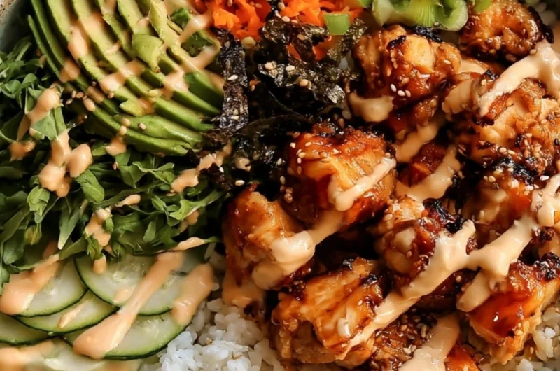 Sticky Honey Ginger Chicken Bowl with vibrant vegetables and rice
