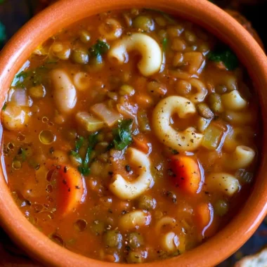 Vegan minestrone soup with lentils, packed with vegetables and flavor.