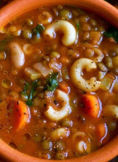 Vegan minestrone soup with lentils, packed with vegetables and flavor.