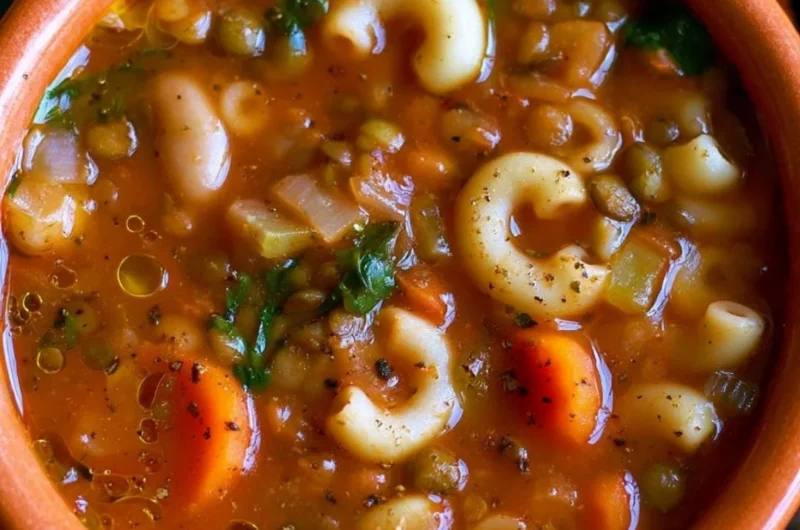Vegan minestrone soup with lentils, packed with vegetables and flavor.